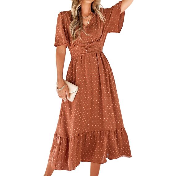 BebreezChic Sommerkleid Damen Lang Boho Elegant Kurzarm V-Ausschnitt Hohe Taille Swiss Dot Gerafft Blumen Strandkleid Maxikleid, Karamell M