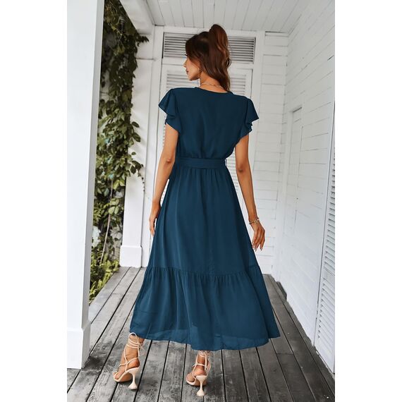Awemeal Kleid Damen Sommer Elegant V-Ausschnitt Kurzarm Lang Sommerkleid Boho Blumenkleid mit Gürtel Rüschen Saum Wickelkleid Strandkleid A Linie Fließend Maxikleid （XL, See Blau）