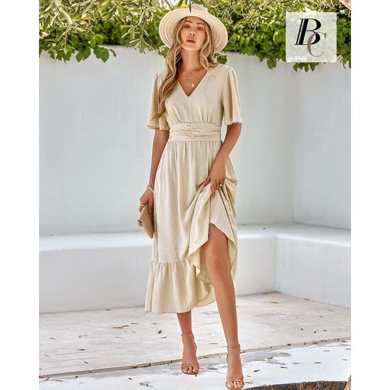 BebreezChic Sommerkleid Damen Lang Boho Elegant Kurzarm V-Ausschnitt Hohe Taille Swiss Dot Gerafft Blumen Strandkleid Maxikleid, Beige L