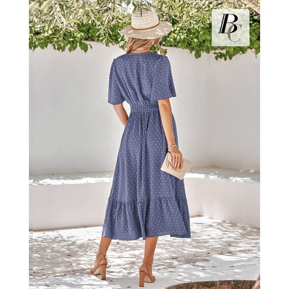 BebreezChic Sommerkleid Damen Lang Boho Elegant Kurzarm V-Ausschnitt Hohe Taille Swiss Dot Gerafft Blumen Strandkleid Maxikleid, Blau-Violett L