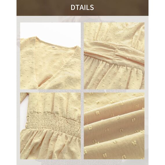 BebreezChic Sommerkleid Damen Lang Boho Elegant Kurzarm V-Ausschnitt Hohe Taille Swiss Dot Gerafft Blumen Strandkleid Maxikleid, Beige S