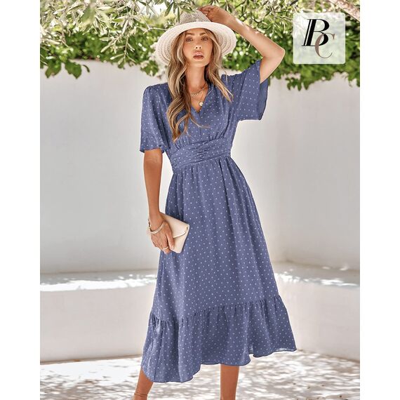 BebreezChic Sommerkleid Damen Lang Boho Elegant Kurzarm V-Ausschnitt Hohe Taille Swiss Dot Gerafft Blumen Strandkleid Maxikleid, Blau-Violett S