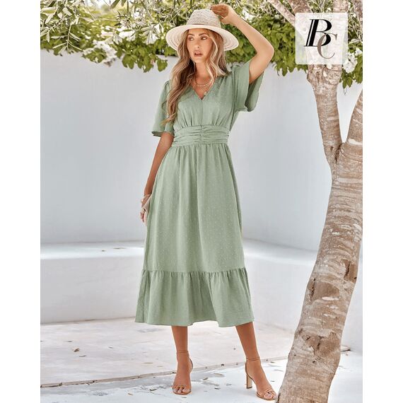 BebreezChic Sommerkleid Damen Lang Boho Elegant Kurzarm V-Ausschnitt Hohe Taille Swiss Dot Gerafft Blumen Strandkleid Maxikleid, Hellgrün XL