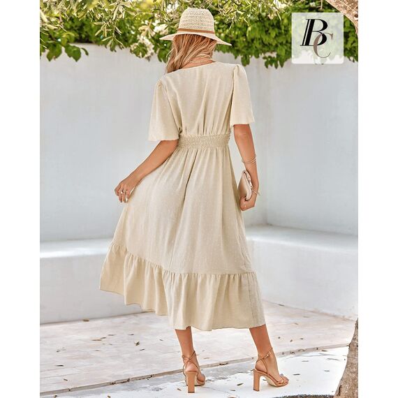 BebreezChic Sommerkleid Damen Lang Boho Elegant Kurzarm V-Ausschnitt Hohe Taille Swiss Dot Gerafft Blumen Strandkleid Maxikleid, Beige L