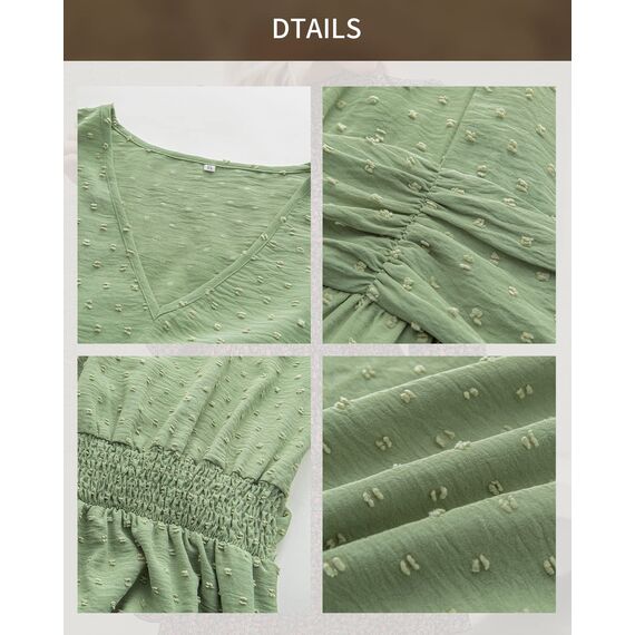 BebreezChic Sommerkleid Damen Lang Boho Elegant Kurzarm V-Ausschnitt Hohe Taille Swiss Dot Gerafft Blumen Strandkleid Maxikleid, Hellgrün XL