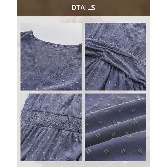 BebreezChic Sommerkleid Damen Lang Boho Elegant Kurzarm V-Ausschnitt Hohe Taille Swiss Dot Gerafft Blumen Strandkleid Maxikleid, Blau-Violett S