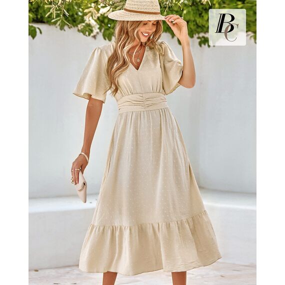 BebreezChic Sommerkleid Damen Lang Boho Elegant Kurzarm V-Ausschnitt Hohe Taille Swiss Dot Gerafft Blumen Strandkleid Maxikleid, Beige S