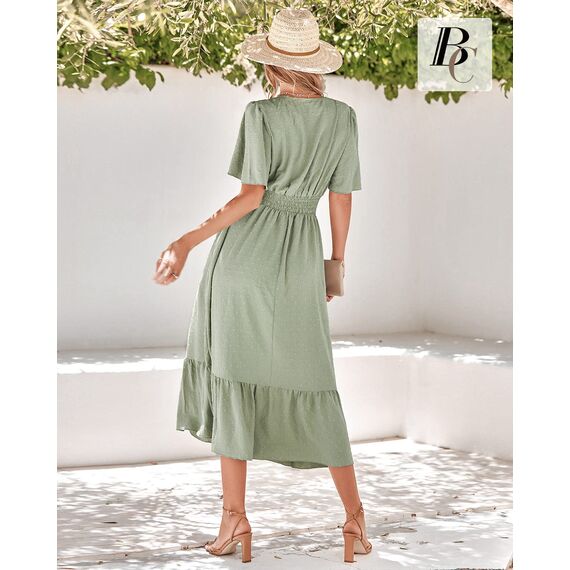 BebreezChic Sommerkleid Damen Lang Boho Elegant Kurzarm V-Ausschnitt Hohe Taille Swiss Dot Gerafft Blumen Strandkleid Maxikleid, Hellgrün S