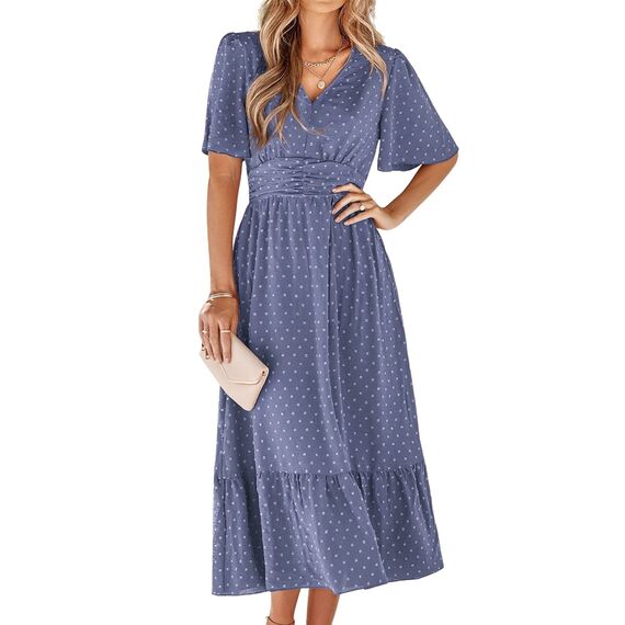 BebreezChic Sommerkleid Damen Lang Boho Elegant Kurzarm V-Ausschnitt Hohe Taille Swiss Dot Gerafft Blumen Strandkleid Maxikleid, Blau-Violett S