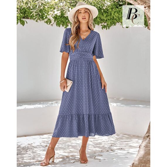 BebreezChic Sommerkleid Damen Lang Boho Elegant Kurzarm V-Ausschnitt Hohe Taille Swiss Dot Gerafft Blumen Strandkleid Maxikleid, Blau-Violett M