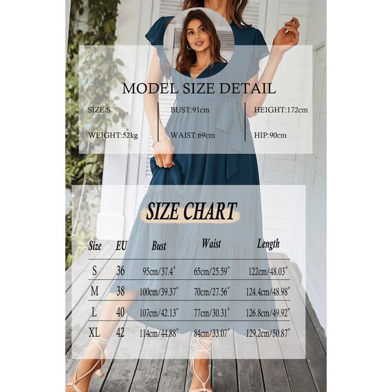 Awemeal Kleid Damen Sommer Elegant V-Ausschnitt Kurzarm Lang Sommerkleid Boho Blumenkleid mit Gürtel Rüschen Saum Wickelkleid Strandkleid A Linie Fließend Maxikleid （XL, See Blau）