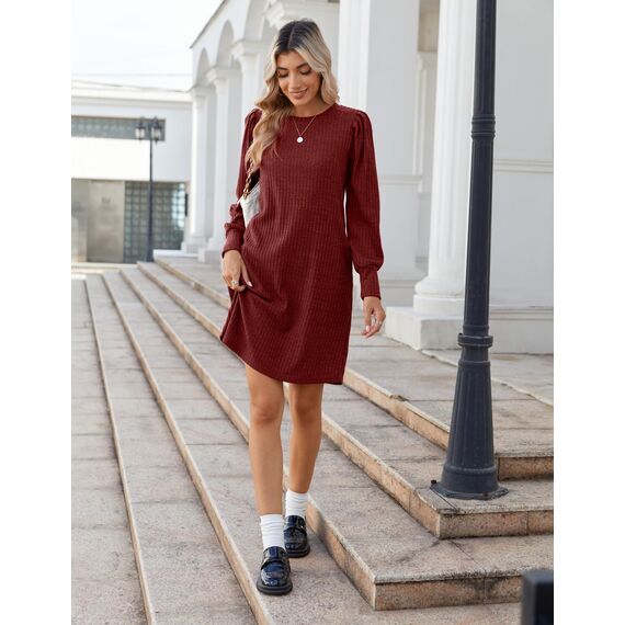 Zeagoo Herbstkleid Damen Elegant Strickkleid Puff Tunikakleid Pulloverkleid mit Taschen Rundhals Winterkleid Langarm Midikleid Rot L
