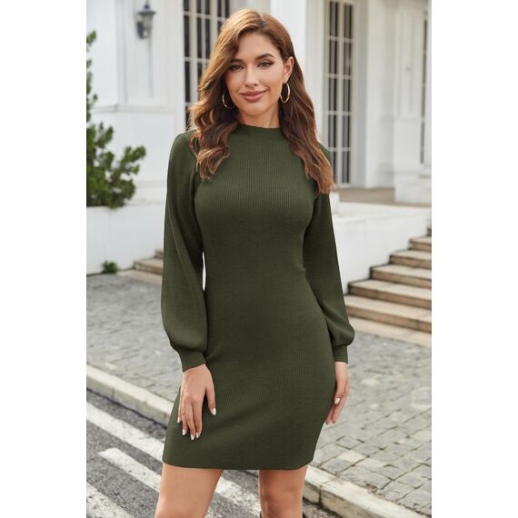 Zeagoo Strickkleid Damen Rollkragen Langarm Elegant Tunika Pullikleid Sweater Winterkleid Strickpullover Minikleid Armeegrün L