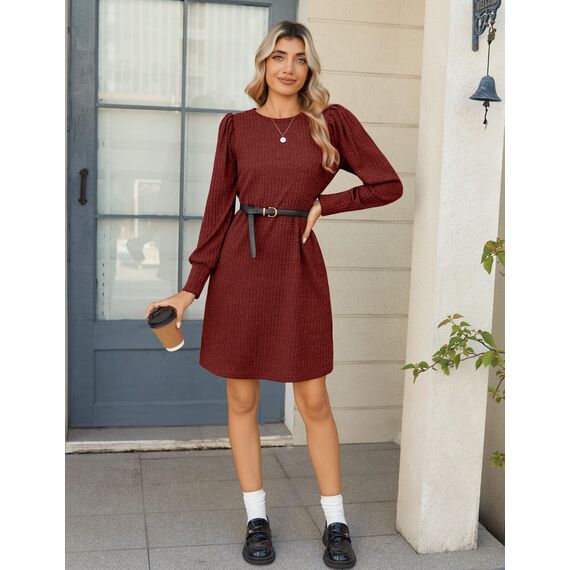 Zeagoo Herbstkleid Damen Elegant Strickkleid Puff Tunikakleid Pulloverkleid mit Taschen Rundhals Winterkleid Langarm Midikleid Rot L