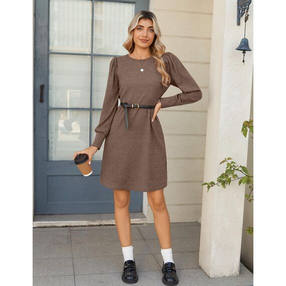 Zeagoo Kleid Damen Herbst Langarm Pulloverkleid mit Taschen Rundhals Leicht Strickkleid Kleid Herbst Winter Casual Herbstkleid Braun XL