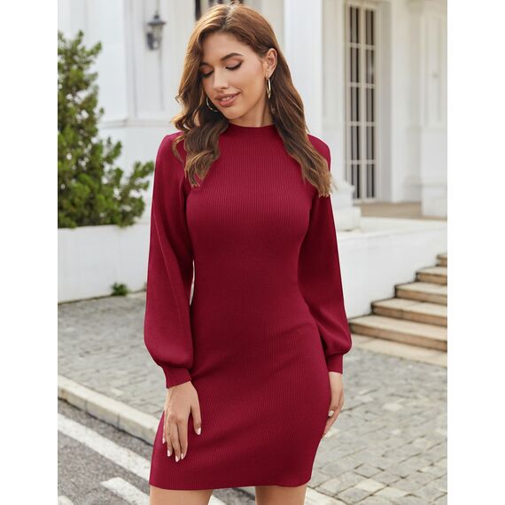 Zeagoo Damen Kleider Strick Elegant Winterkleider Laternenärmel Einfarbig Rollkragen Bodycon Minikleid Sweater Dress Weinrot XL