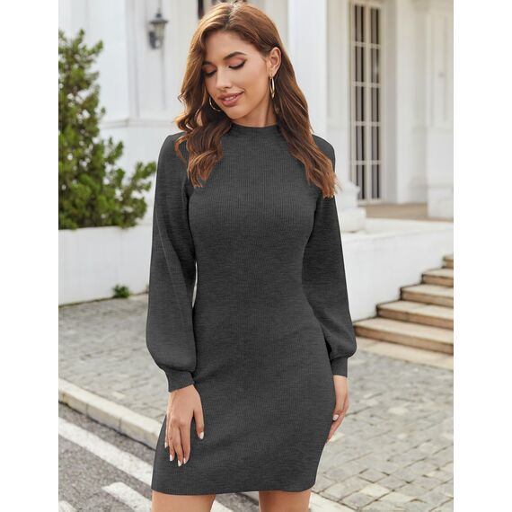 Zeagoo Strickkleid Damen Langarm Kleider Ribbed Stricken Pulloverkleid Casual Slim Fit Minikleid Winterkleid mit Puff Ärmel Dunkelgrau S