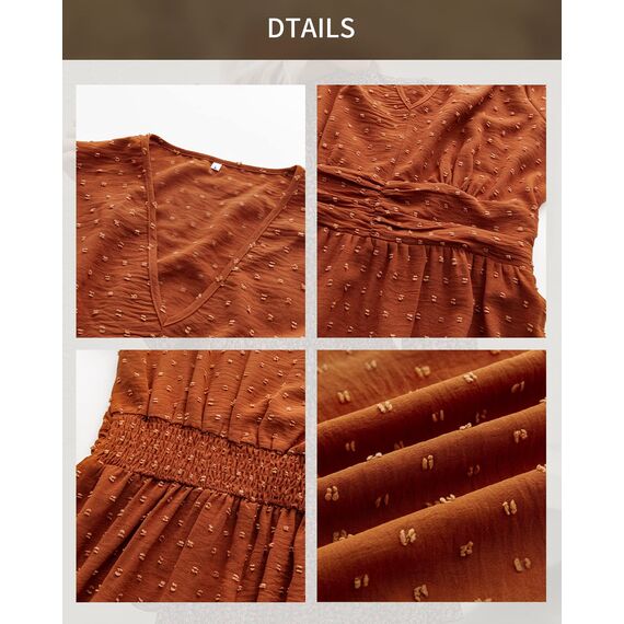 BebreezChic Sommerkleid Damen Lang Boho Elegant Kurzarm V-Ausschnitt Hohe Taille Swiss Dot Gerafft Blumen Strandkleid Maxikleid, Karamell XL