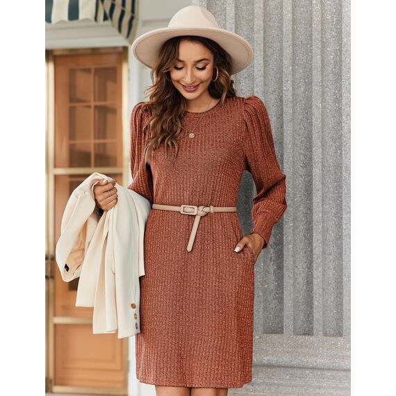 Zeagoo Damen Strickkleid Puff Pulloverkleid Langarm Herbstkleid Elegant Strickpullover Kleid Puff Tunika Kleid mit Taschen Karamell L