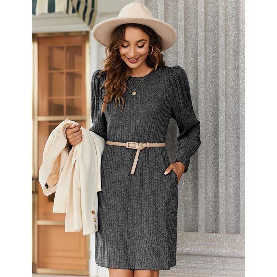 Zeagoo Damen Kleider Puff Strickkleid Langarm Herbstkleid Rundhals Leicht Pulloverkleid Casual Midikleid mit Taschen Grau L