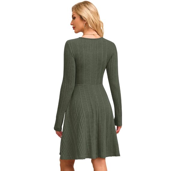 AUSELILY Langarm Strickkleid Damen Rundhalsausschnitt Pullover Kleid Gestrickt Herbstkleid Damen mit Taschen Armeegrün S