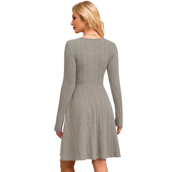 AUSELILY Langarm Strickkleid Damen Rundhalsausschnitt Pullover Kleid Gestrickt Herbstkleid Damen mit Taschen Khaki XXL