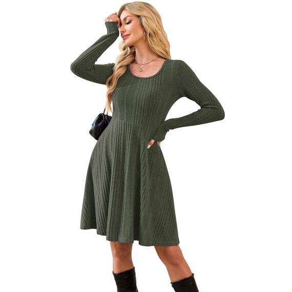 AUSELILY Langarm Strickkleid Damen Rundhalsausschnitt Pullover Kleid Gestrickt Herbstkleid Damen mit Taschen Armeegrün S