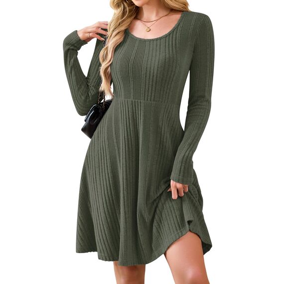 AUSELILY Langarm Strickkleid Damen Rundhalsausschnitt Pullover Kleid Gestrickt Herbstkleid Damen mit Taschen Armeegrün L