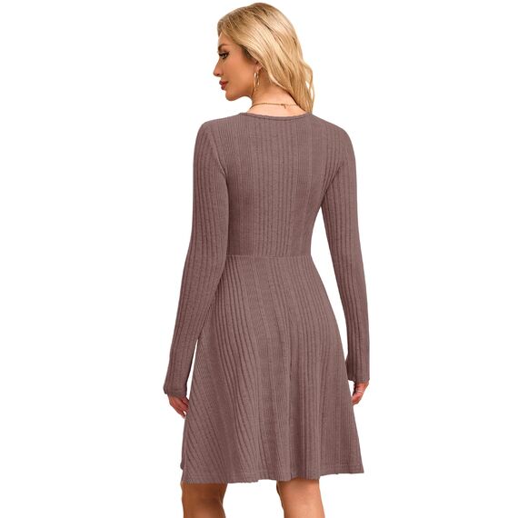 AUSELILY Langarm Strickkleid Damen Rundhalsausschnitt Pullover Kleid Gestrickt Herbstkleid Damen mit Taschen Russisch Rot XL