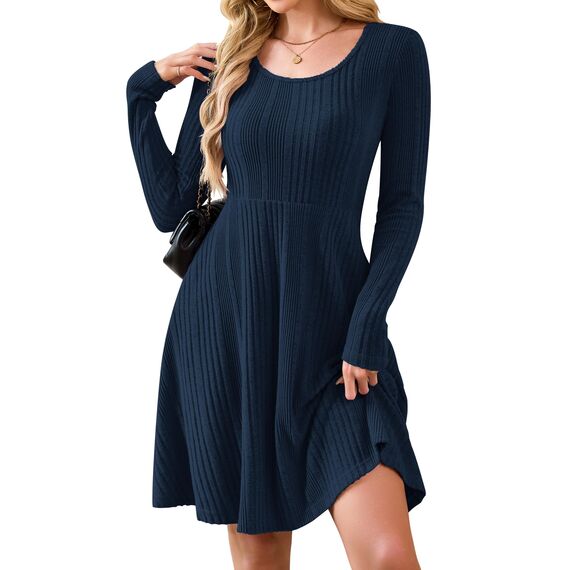 AUSELILY Langarm Strickkleid Damen Rundhalsausschnitt Pullover Kleid Gestrickt Herbstkleid Damen mit Taschen Marineblau L