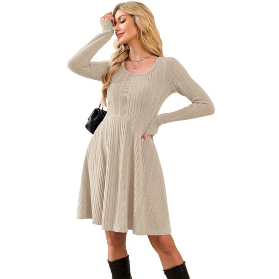 AUSELILY Langarm Strickkleid Damen Rundhalsausschnitt Pullover Kleid Gestrickt Herbstkleid Damen mit Taschen Untiefe Aprikose M