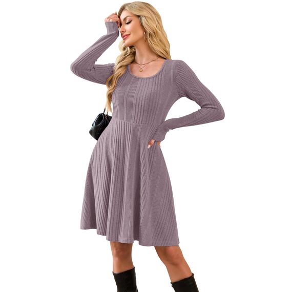 AUSELILY Langarm Strickkleid Damen Rundhalsausschnitt Pullover Kleid Gestrickt Herbstkleid Damen mit Taschen Grau Rosa M