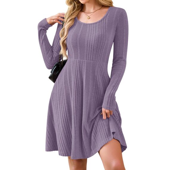 AUSELILY Langarm Strickkleid Damen Rundhalsausschnitt Pullover Kleid Gestrickt Herbstkleid Damen mit Taschen Hellviolett M
