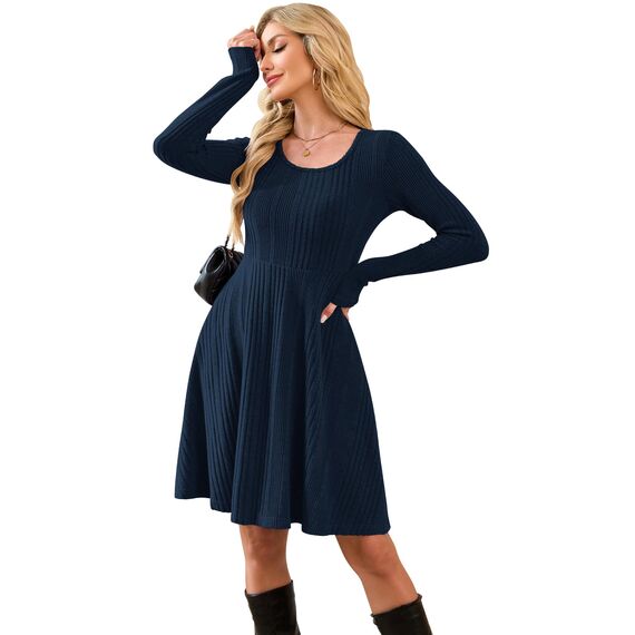 AUSELILY Langarm Strickkleid Damen Rundhalsausschnitt Pullover Kleid Gestrickt Herbstkleid Damen mit Taschen Marineblau XXL