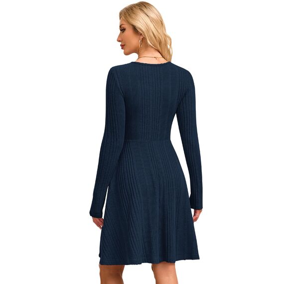 AUSELILY Langarm Strickkleid Damen Rundhalsausschnitt Pullover Kleid Gestrickt Herbstkleid Damen mit Taschen Marineblau XXL