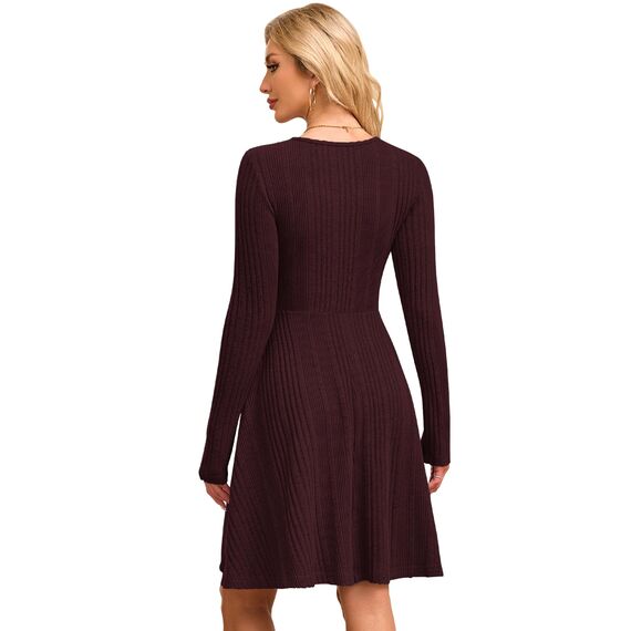 AUSELILY Langarm Strickkleid Damen Rundhalsausschnitt Pullover Kleid Gestrickt Herbstkleid Damen mit Taschen Weinrot XL