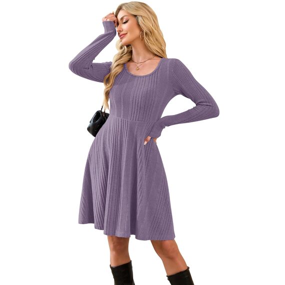 AUSELILY Langarm Strickkleid Damen Rundhalsausschnitt Pullover Kleid Gestrickt Herbstkleid Damen mit Taschen Hellviolett M