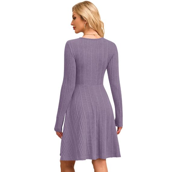 AUSELILY Langarm Strickkleid Damen Rundhalsausschnitt Pullover Kleid Gestrickt Herbstkleid Damen mit Taschen Hellviolett M
