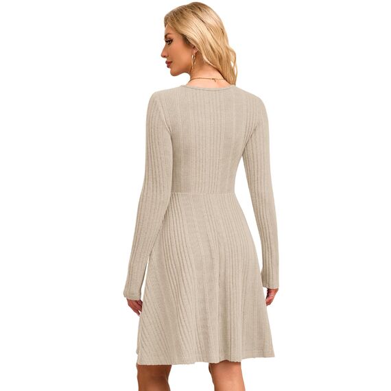 AUSELILY Langarm Strickkleid Damen Rundhalsausschnitt Pullover Kleid Gestrickt Herbstkleid Damen mit Taschen Untiefe Aprikose S