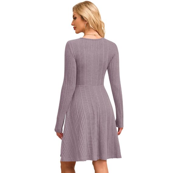 AUSELILY Langarm Strickkleid Damen Rundhalsausschnitt Pullover Kleid Gestrickt Herbstkleid Damen mit Taschen Grau Rosa XXL