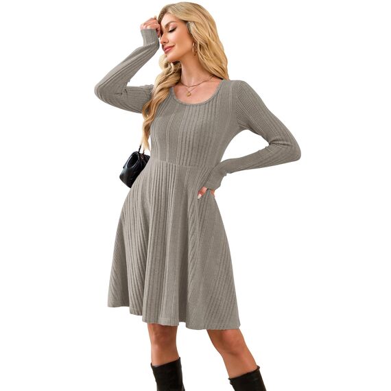 AUSELILY Langarm Strickkleid Damen Rundhalsausschnitt Pullover Kleid Gestrickt Herbstkleid Damen mit Taschen Khaki XXL