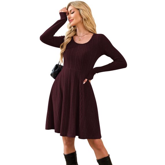 AUSELILY Langarm Strickkleid Damen Rundhalsausschnitt Pullover Kleid Gestrickt Herbstkleid Damen mit Taschen Weinrot S
