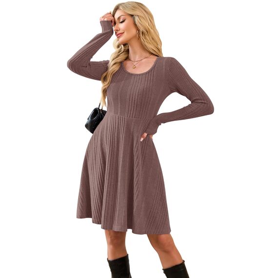 AUSELILY Langarm Strickkleid Damen Rundhalsausschnitt Pullover Kleid Gestrickt Herbstkleid Damen mit Taschen Russisch Rot M