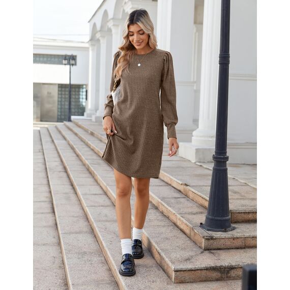 Zeagoo Strickkleid Damen Leicht Herbstkleid Langarm Kleid Puff Pulloverkleid Elegant Winterkleid mit Taschen Kleider für Herbst Winter Braun M