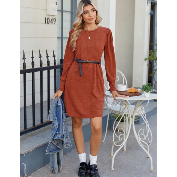 Zeagoo Damen Kleid Langarm Rundhals Winterkleid Puff Tunika Kleid Elegant Herbstkleid Midikleid mit Taschen Karamell M