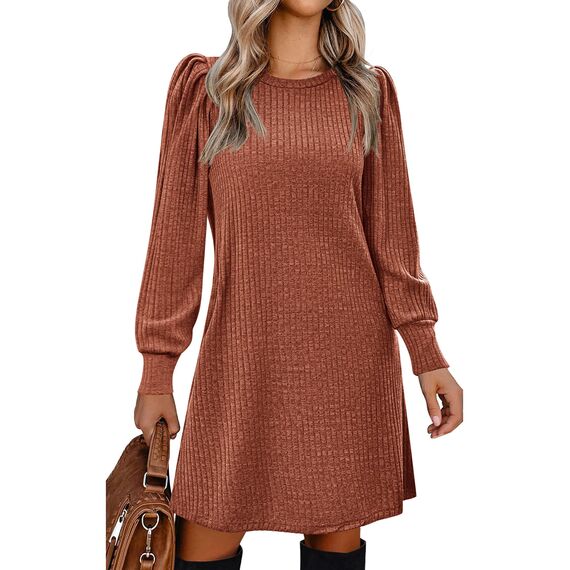 Zeagoo Herbstkleid Damen Langarm Strickkleid Rundhals Pulloverkleid mit Raschen Leicht Tunikakleid Winter Kleider mit Taschen Karamell XXL