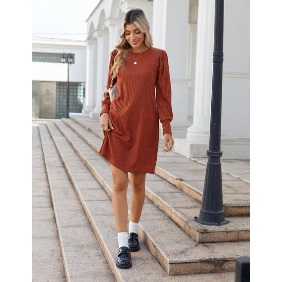Zeagoo Strickkleid Damen Puff Dünne Herbstkleid Langarm Kleider Rundhals Pulloverkleid Casual Winterkleid mit Taschen Karamell S
