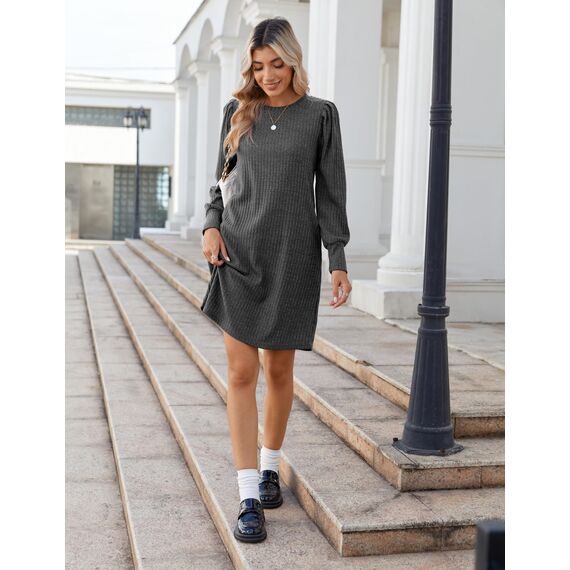Zeagoo Herbstkleid Damen Elegant Strickkleid Langarm Kleid Rundhals Winterkleid mit Taschen Puff Pulloverkleid Kleider für Herbst Winter Grau M