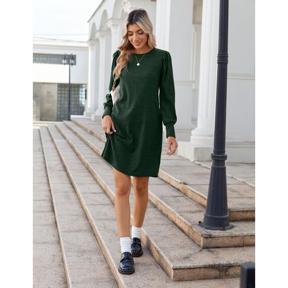 Zeagoo Strickkleid Damen Herbst Langarm Pulloverkleid mit Puff Leicht Knielang Herbstkleid mit Taschen Kleider Herbst Winter Grün S