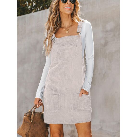 CUPSHE Damen Latzrock Quadratischer Ausschnitt Taschen Cord Latzkleid Overallkleid Freizeitkleider Corduroy Mini Overall Dress Aprikose S